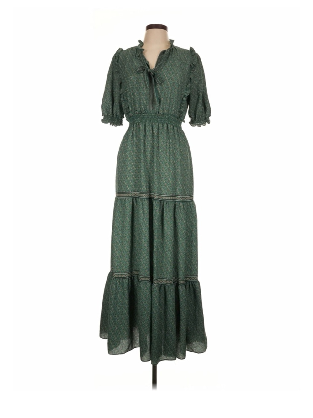 Max Studio Dark Green Printed Tiered Maxi Dress with Tie Neck